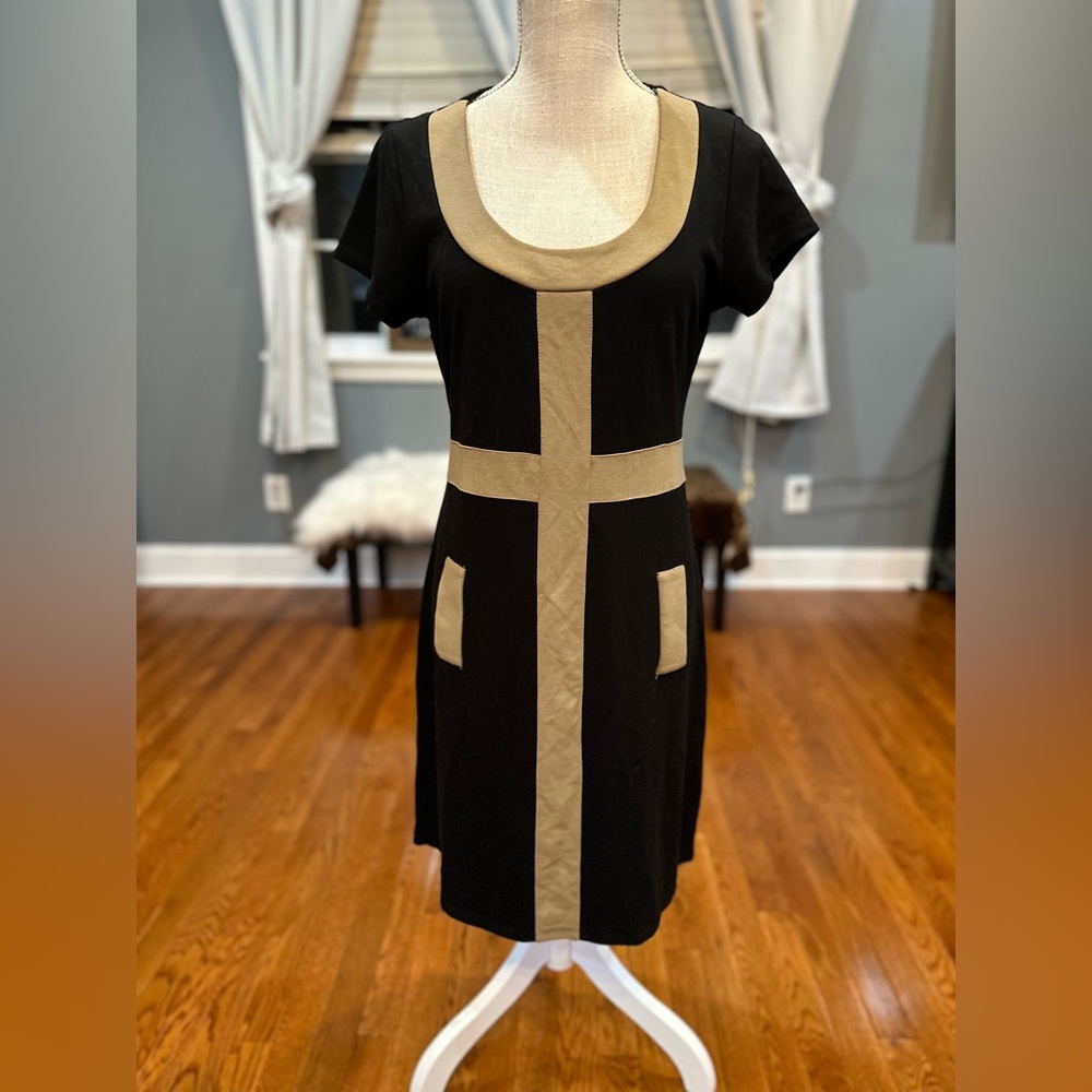 Redoute black and tan sheath color block dress